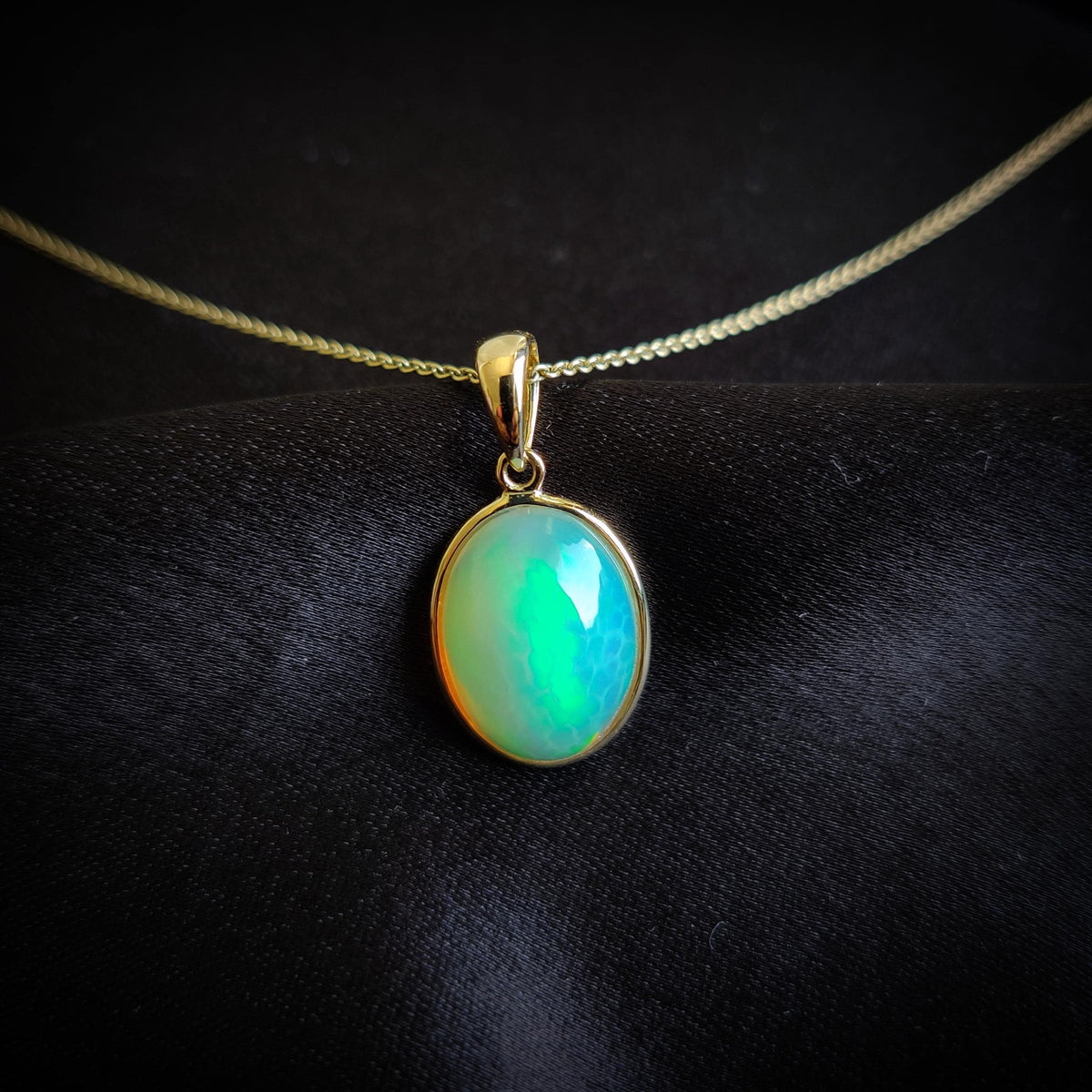 14K Solid Yellow Gold Natural Ethiopian Opal Pendant: Bezel Set October Birthstone