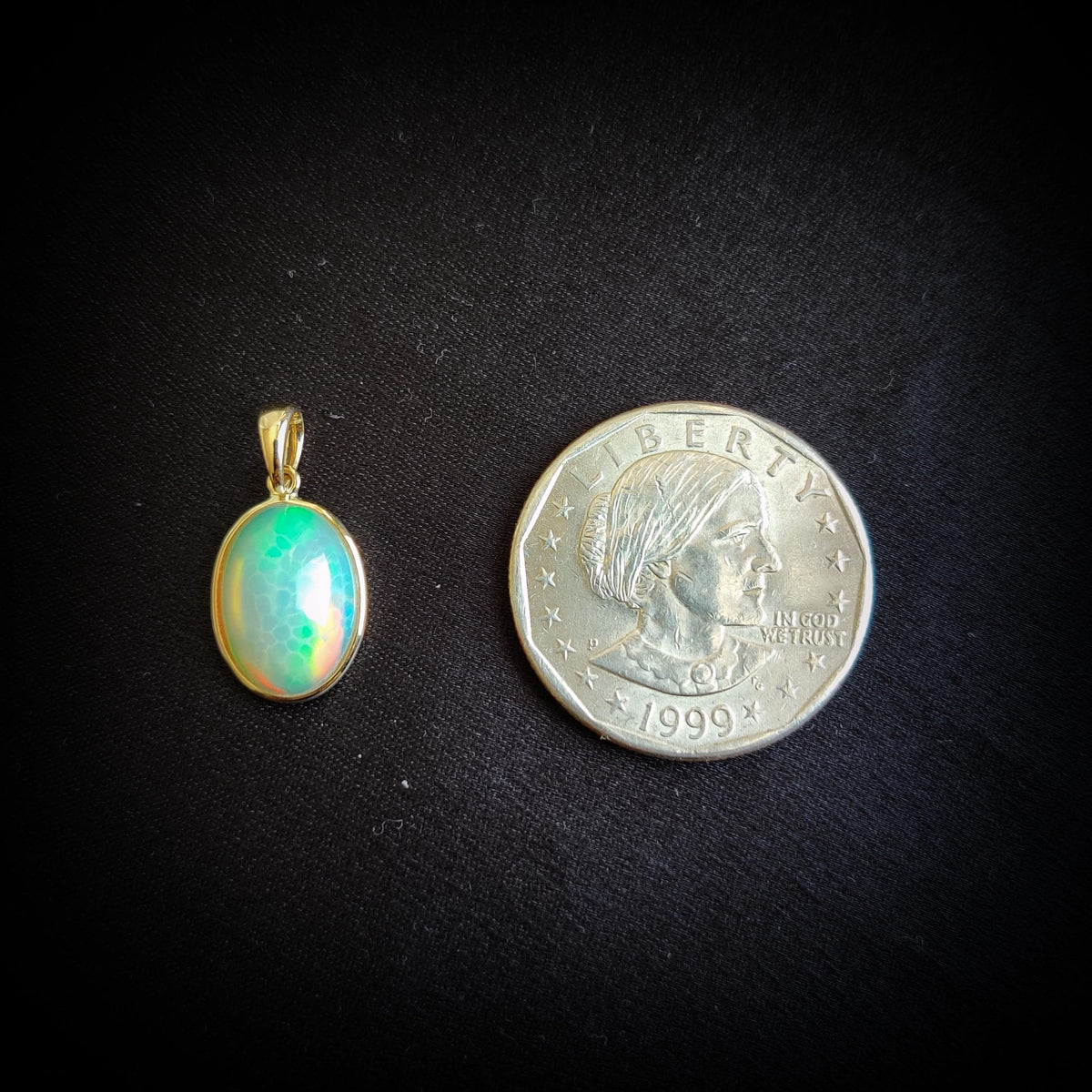 14K Solid Yellow Gold Natural Ethiopian Opal Pendant: Bezel Set October Birthstone