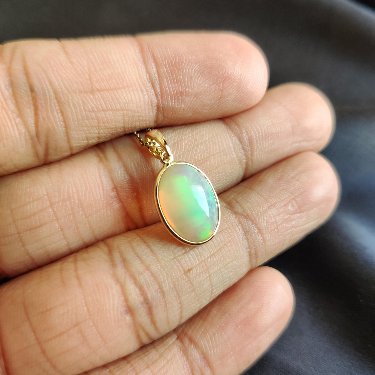 14K Solid Yellow Gold Natural Ethiopian Opal Pendant: Bezel Set October Birthstone