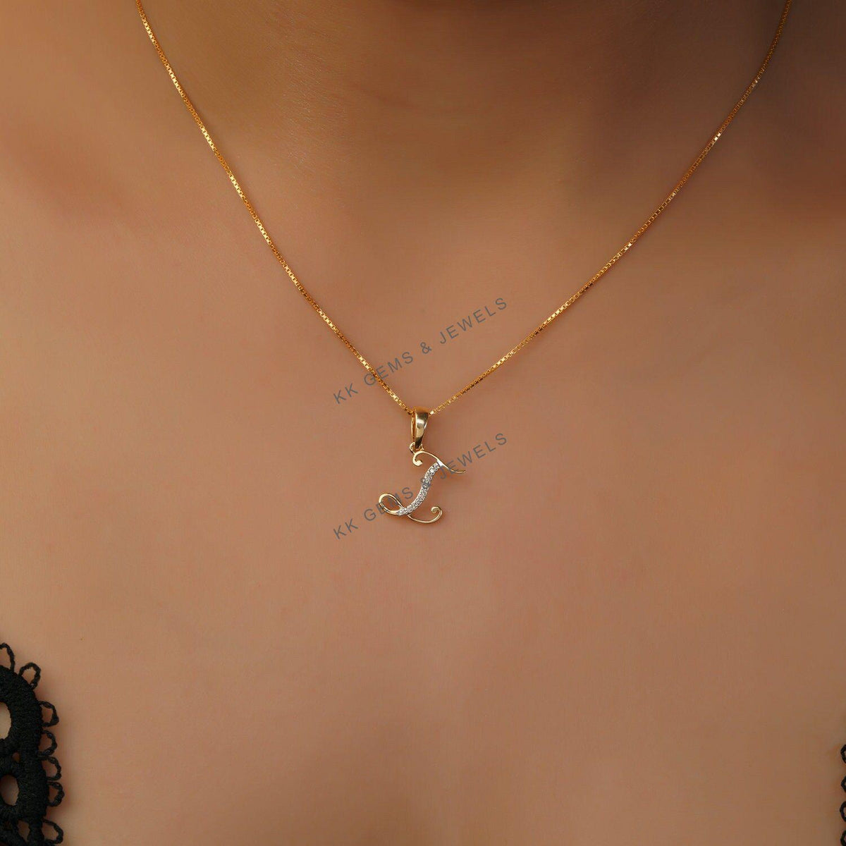 14K Solid Gold Initial I Diamond Pendant, Birthday Gift