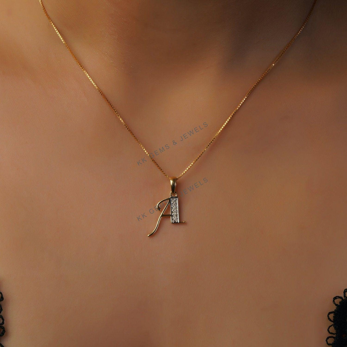 14K Gold Initial A Diamond Pendant, Solid Yellow Gold Charm