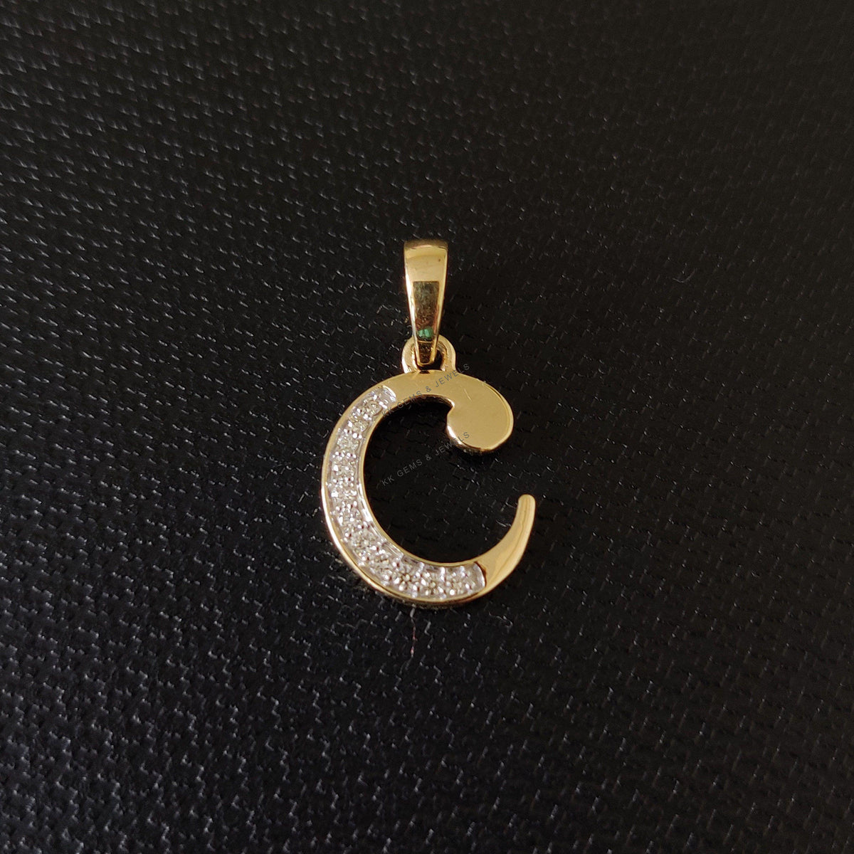 14K Solid Yellow Gold Initial C Diamond Pendant