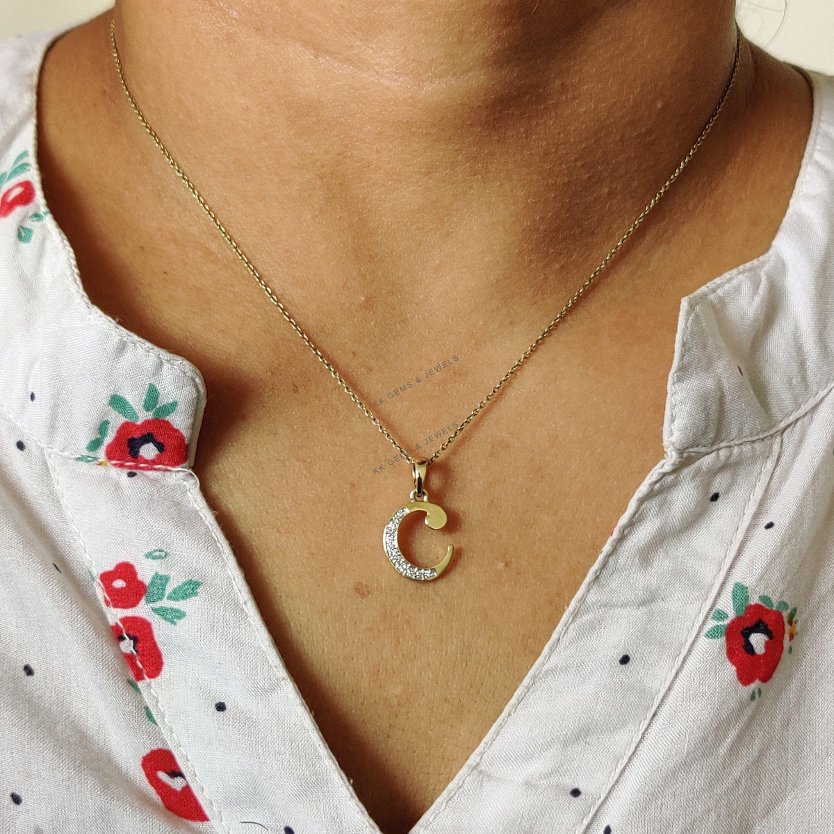 14K Solid Yellow Gold Initial C Diamond Pendant