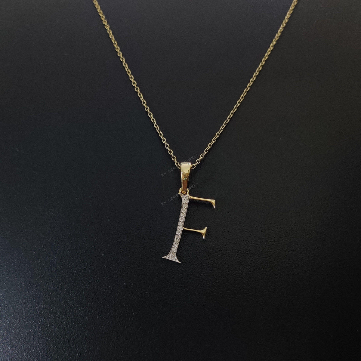 14K Solid Yellow Gold Diamond Initial F Pendant, Alphabet Charm