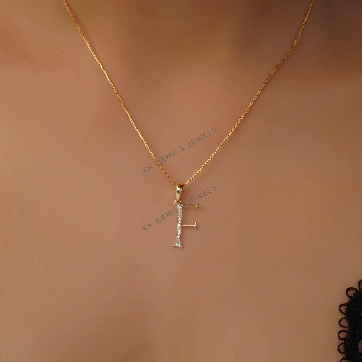 14K Solid Yellow Gold Diamond Initial F Pendant, Alphabet Charm