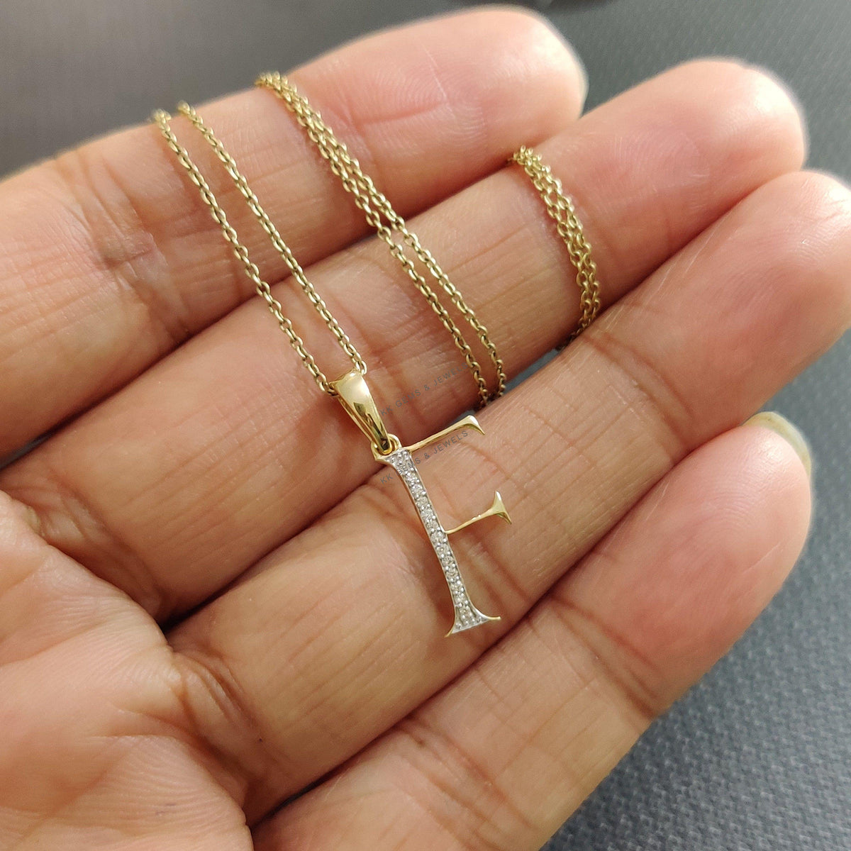 14K Solid Yellow Gold Diamond Initial F Pendant, Alphabet Charm