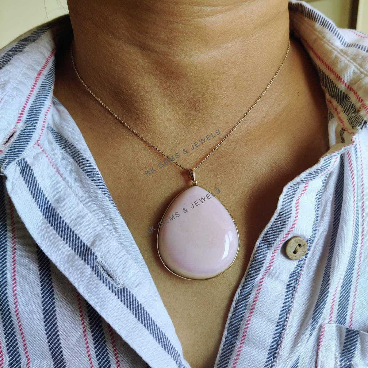 14K Solid Yellow Gold Natural Pink Opal Pendant: Bezel Set October Birthstone