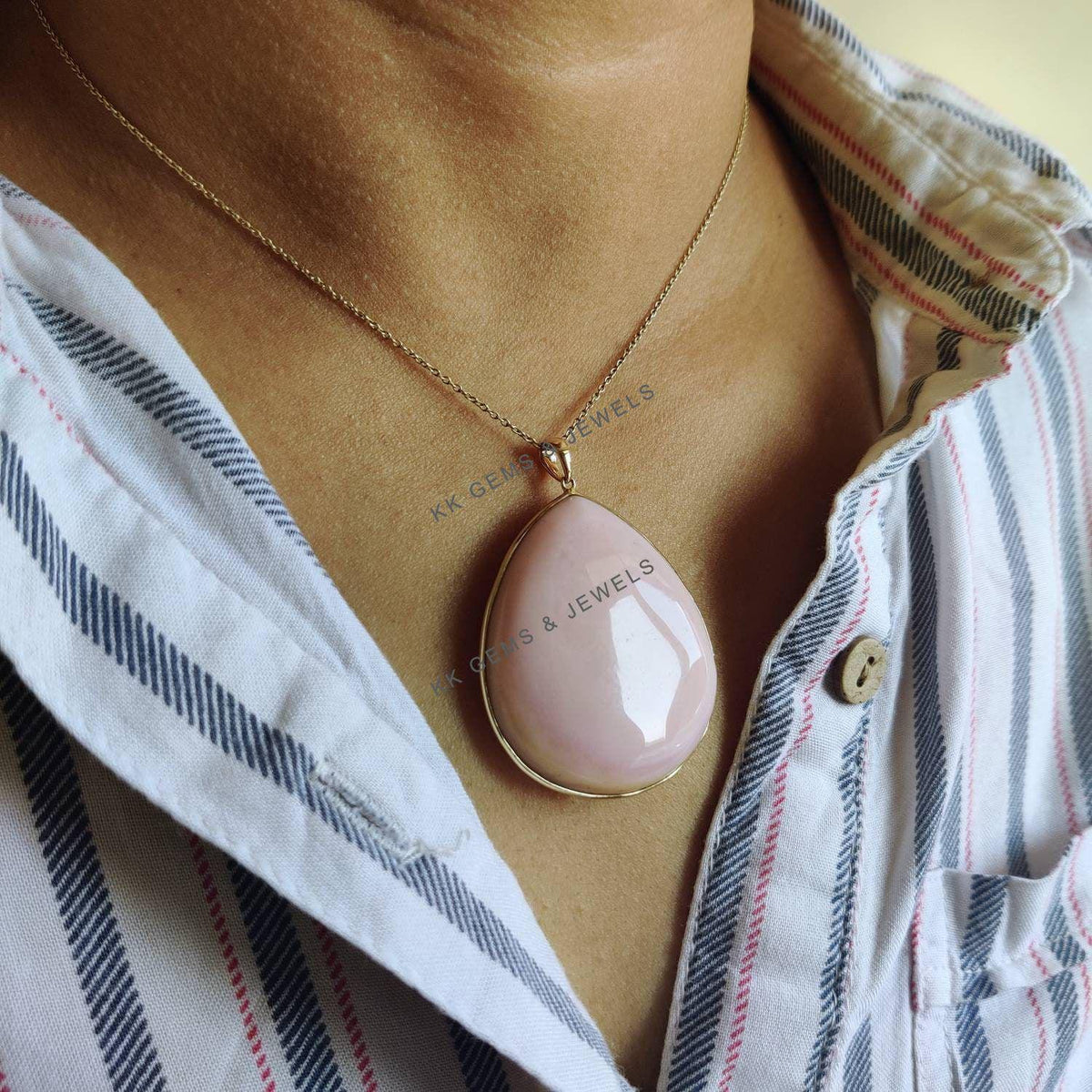 14K Solid Yellow Gold Natural Pink Opal Pendant: Bezel Set October Birthstone