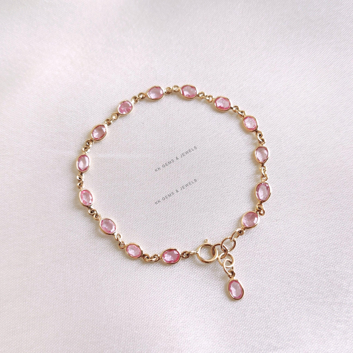 Natural Pink Sapphire Bracelet: 14K Solid Yellow Gold September Birthstone, Christmas Present