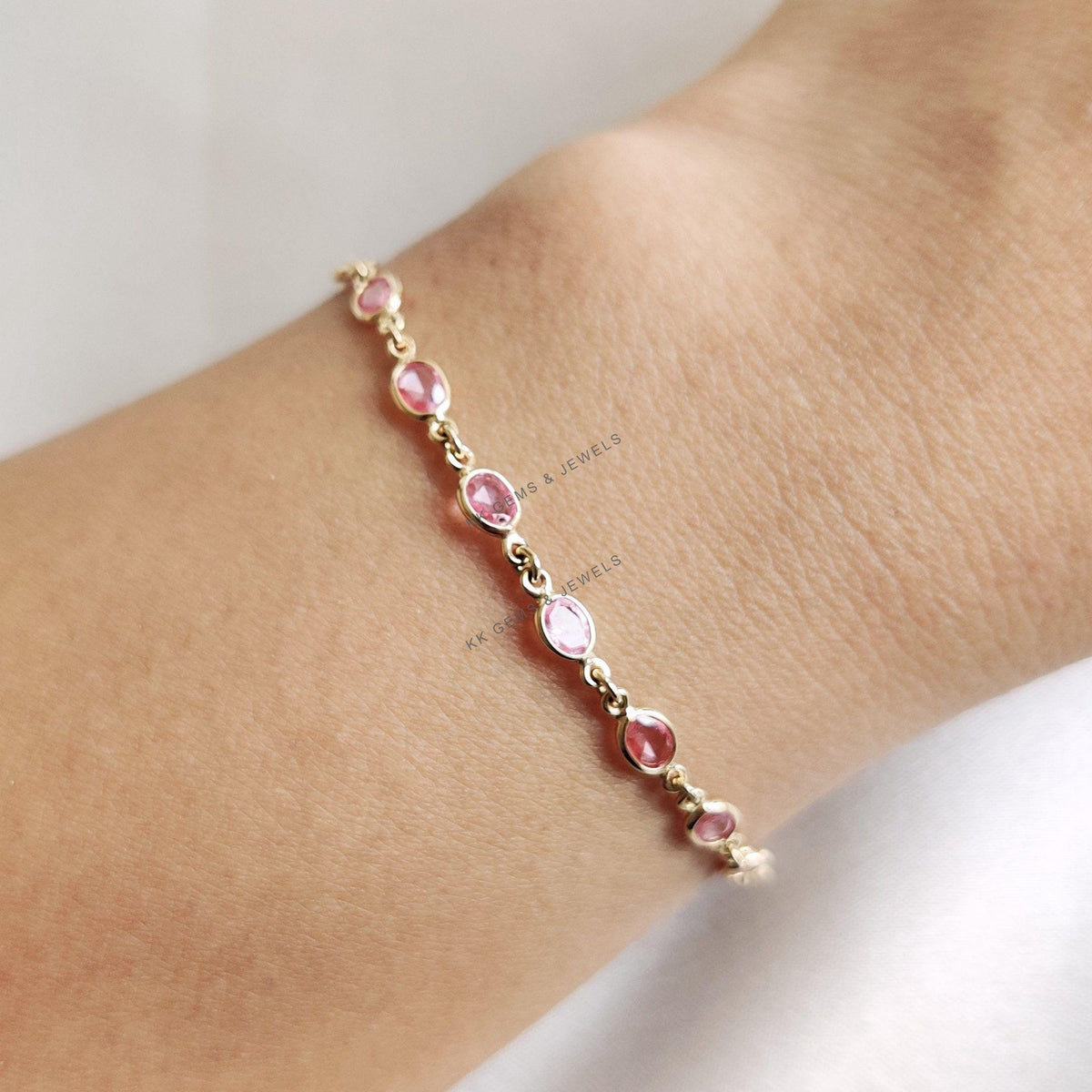 Natural Pink Sapphire Bracelet: 14K Solid Yellow Gold September Birthstone, Christmas Present