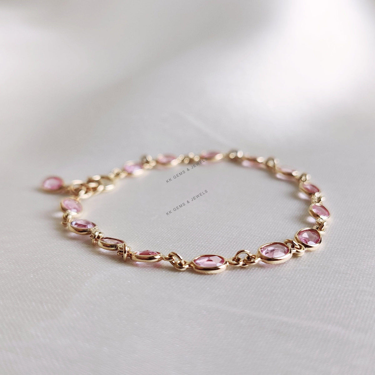 Natural Pink Sapphire Bracelet: 14K Solid Yellow Gold September Birthstone, Christmas Present