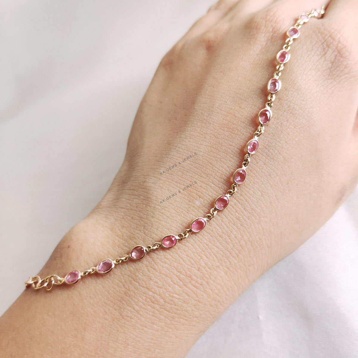 Natural Pink Sapphire Bracelet: 14K Solid Yellow Gold September Birthstone, Christmas Present