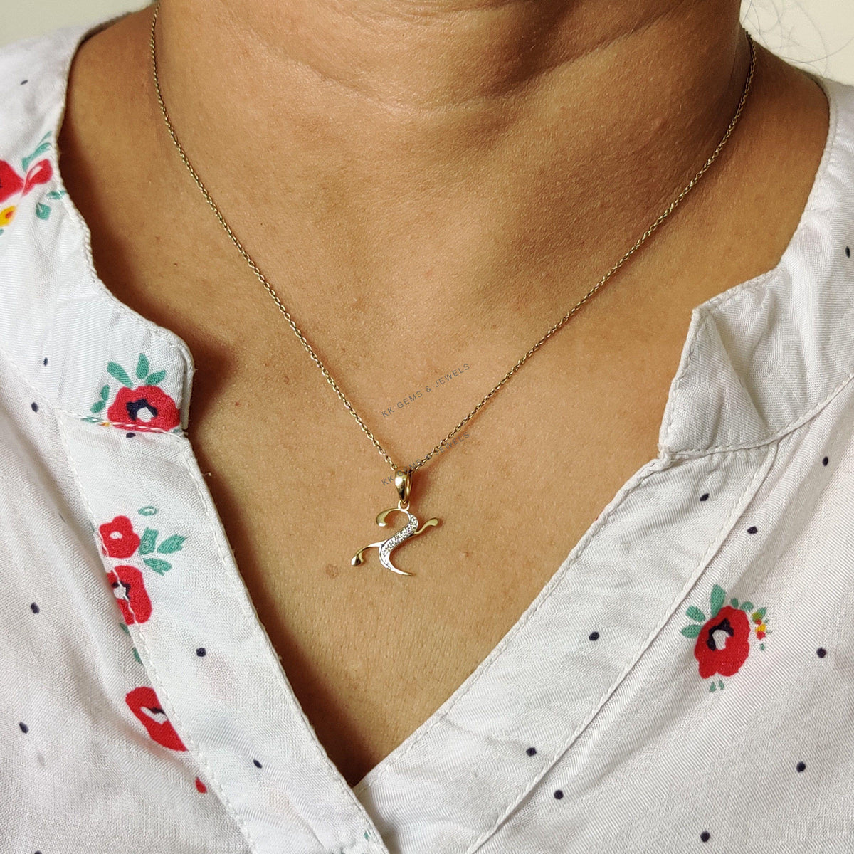 14K Solid Yellow Gold Initial X Diamond Pendant, Birthday Gift