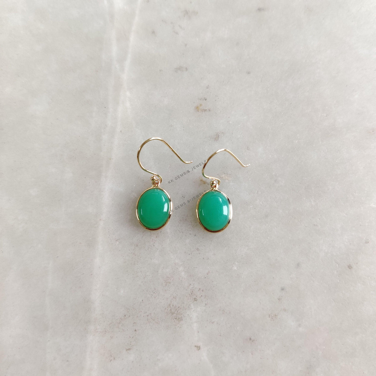 14K Solid Gold Natural Chrysoprase Earrings: Oval Bezel, May Birthstone