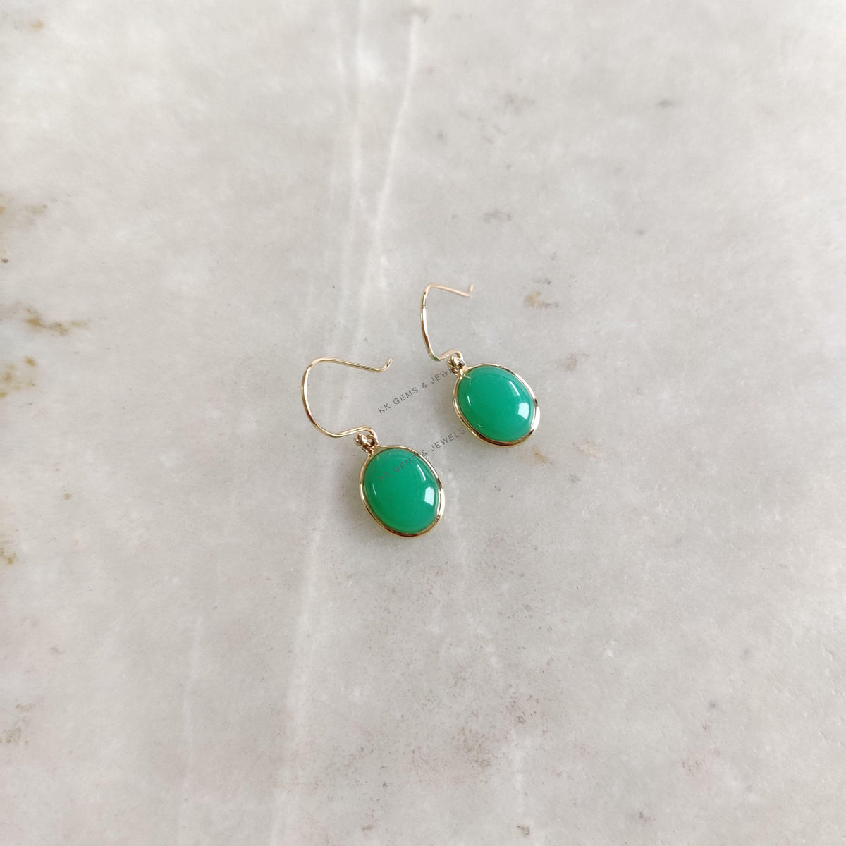 14K Solid Gold Natural Chrysoprase Earrings: Oval Bezel, May Birthstone