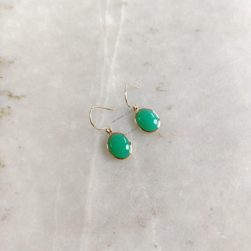 14K Solid Gold Natural Chrysoprase Earrings: Oval Bezel, May Birthstone