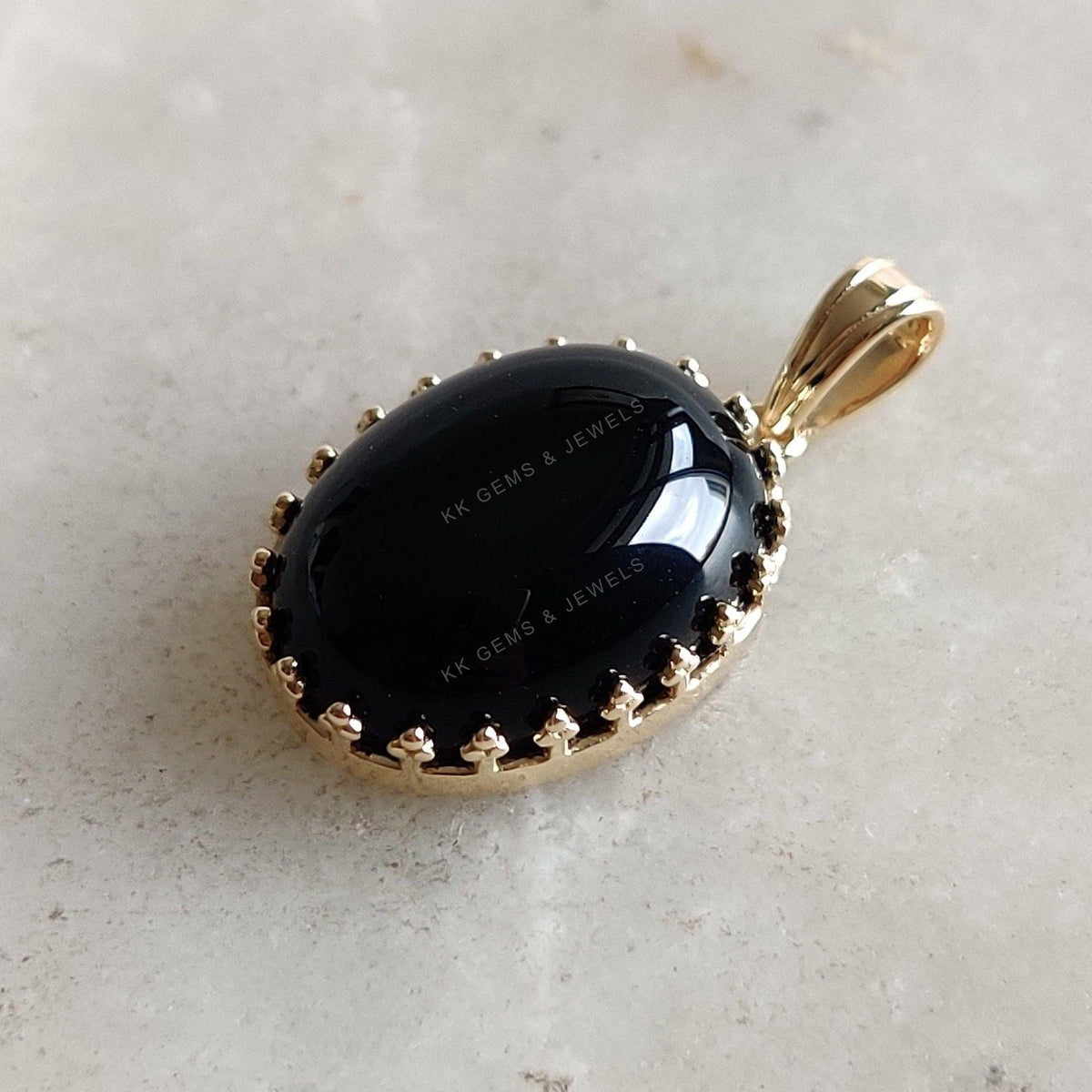 14K Solid Gold Natural Black Onyx Pendant, Crown Bezel, December Birthstone