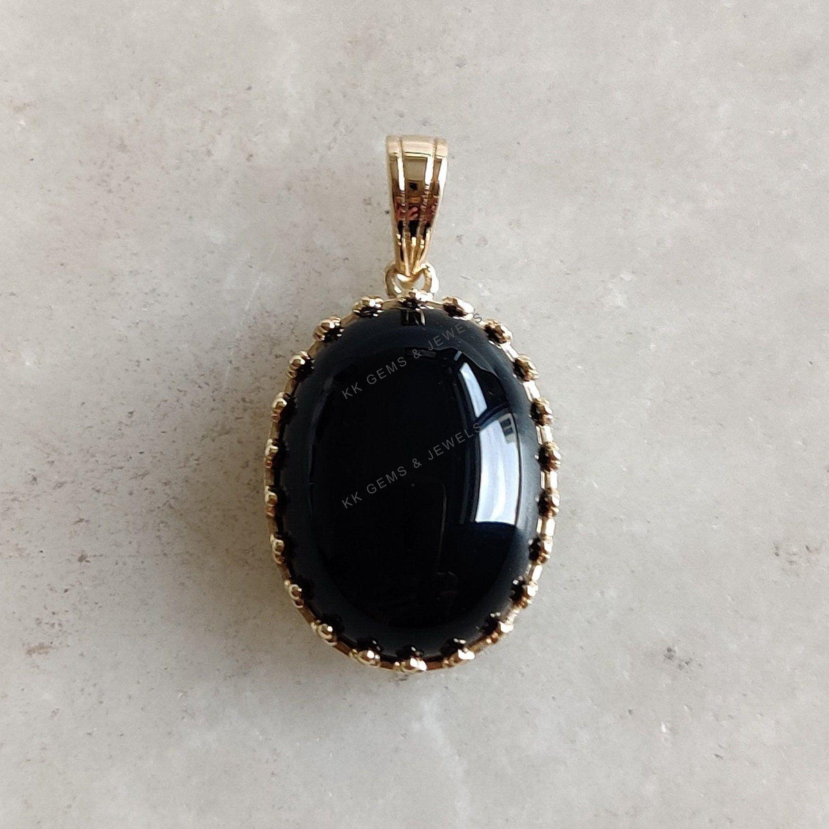 14K Solid Gold Natural Black Onyx Pendant, Crown Bezel, December Birthstone