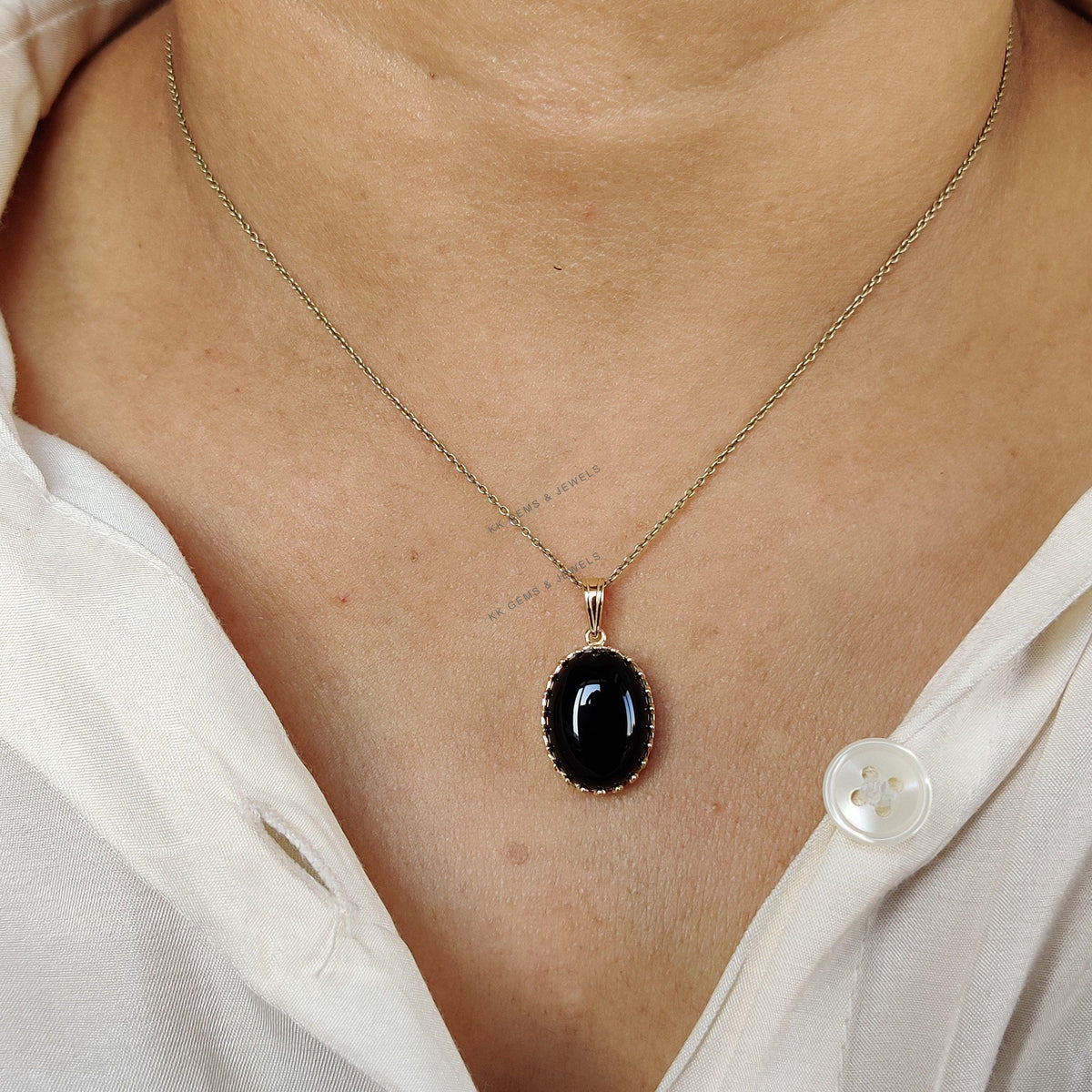 14K Solid Gold Natural Black Onyx Pendant, Crown Bezel, December Birthstone