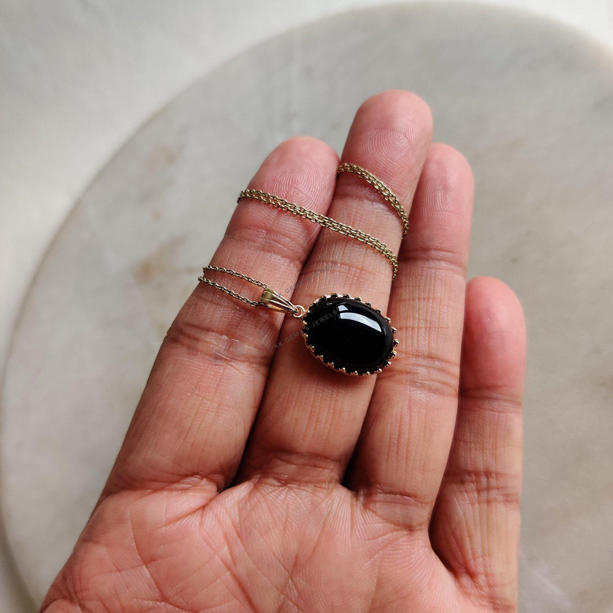 14K Solid Gold Natural Black Onyx Pendant, Crown Bezel, December Birthstone