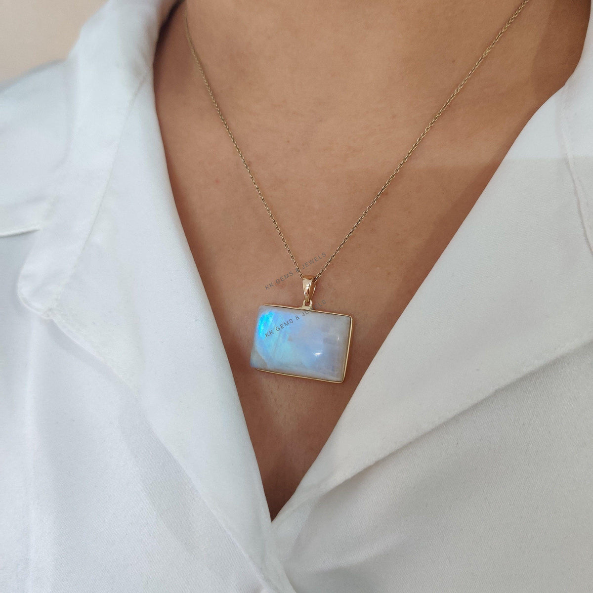 Natural Rainbow Moonstone Pendant, 14K Solid Yellow Gold Bezel, June Birthstone