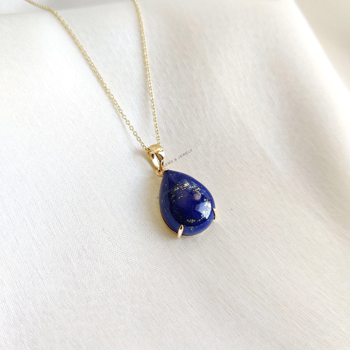 14K Solid Gold Natural Lapis Lazuli Pendant, Pear Prong Setting, September Birthstone