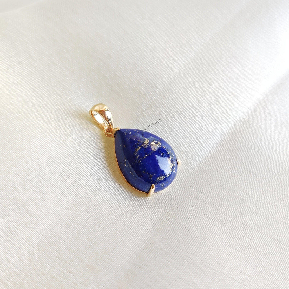 14K Solid Gold Natural Lapis Lazuli Pendant, Pear Prong Setting, September Birthstone