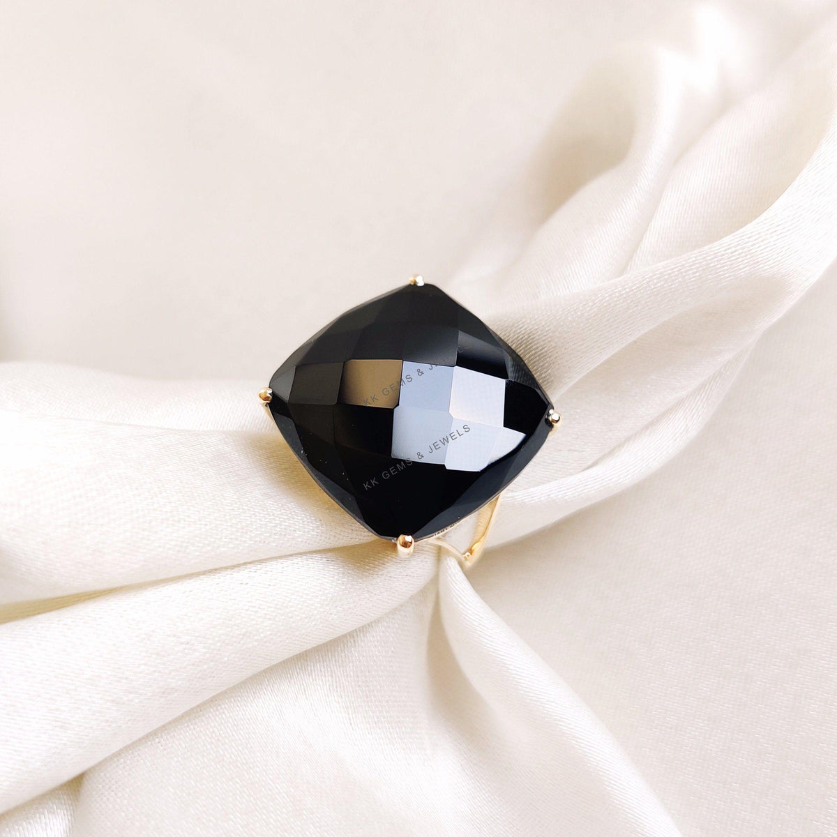 Natural Black Onyx Statement Ring: 14K Solid Yellow Gold, December Birthstone