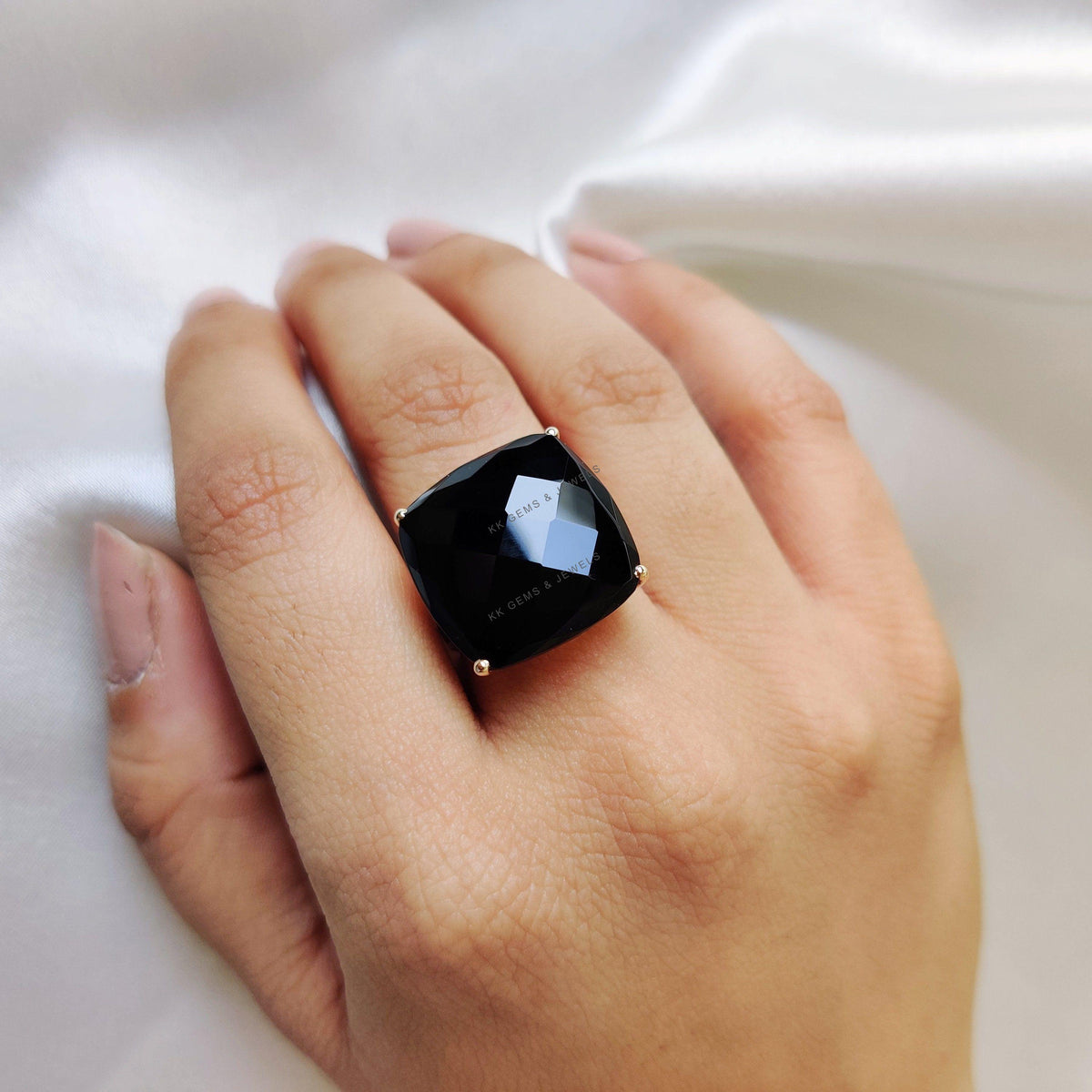 Natural Black Onyx Statement Ring: 14K Solid Yellow Gold, December Birthstone