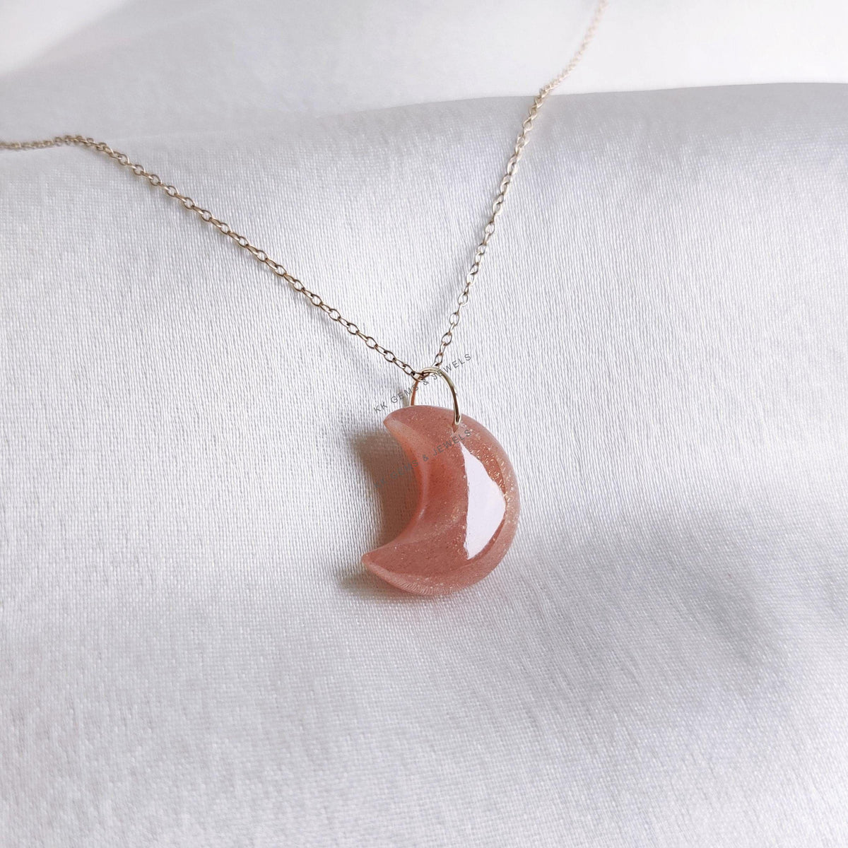 Natural Peach Moonstone 14K Solid Yellow Gold Drill Pendant, Moon Shape, June Birthstone