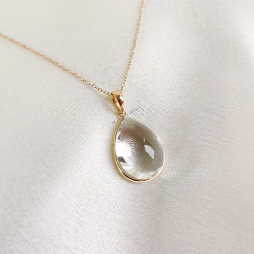 14K Solid Gold Natural Clear Quartz Pendant, Pear Cabochon, April Birthstone