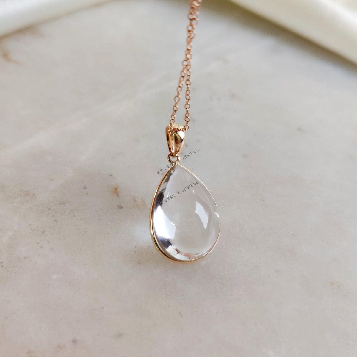 14K Solid Gold Natural Clear Quartz Pendant, Pear Cabochon, April Birthstone