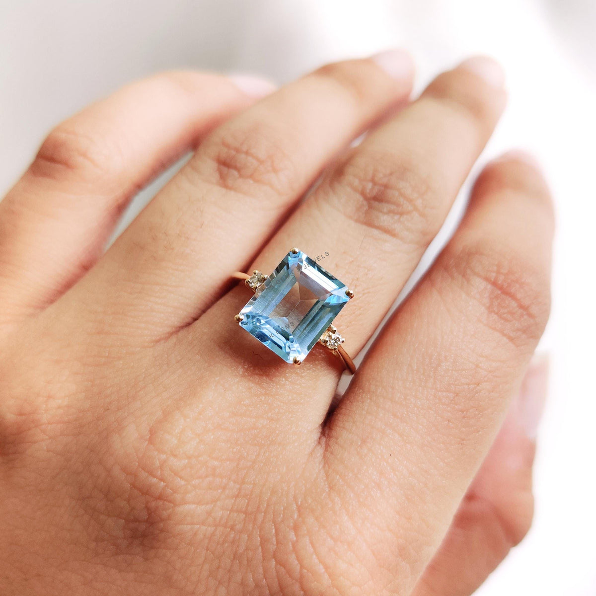 Natural Sky Blue Topaz & Diamond Ring, 14K Solid Yellow Gold December Birthstone