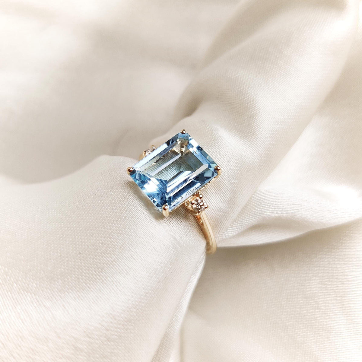 Natural Sky Blue Topaz & Diamond Ring, 14K Solid Yellow Gold December Birthstone