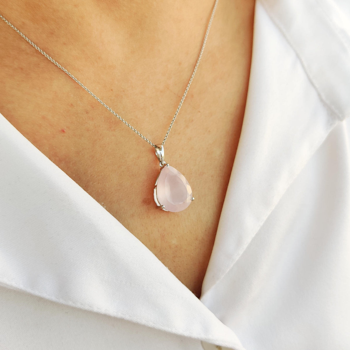 Natural Rose Quartz 14K Solid White Gold Pear Pendant, January Birthstone
