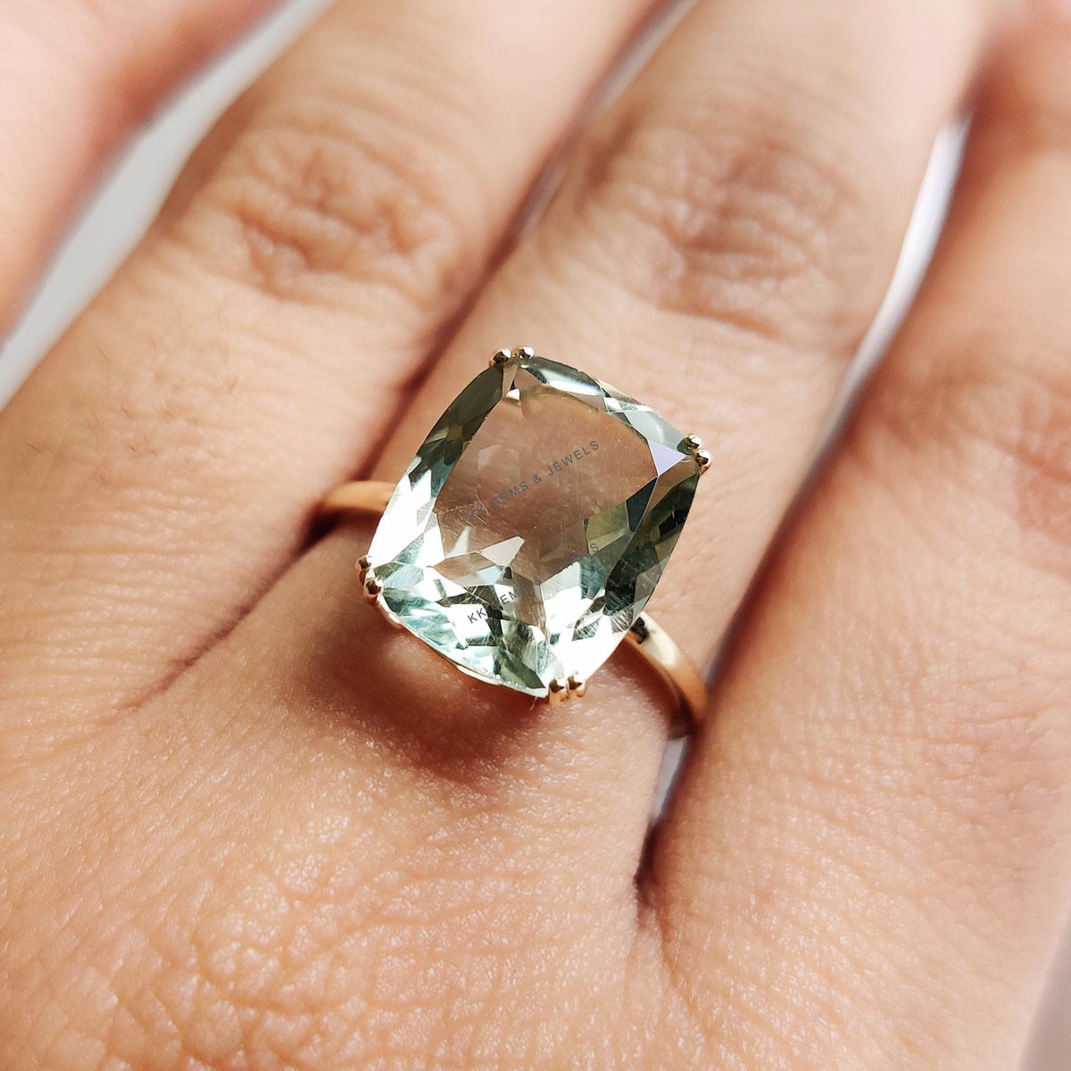 Natural Green Amethyst Ring, 14K Solid Yellow Gold, Cushion Cut, February Birthstone, Anniversary Gift
