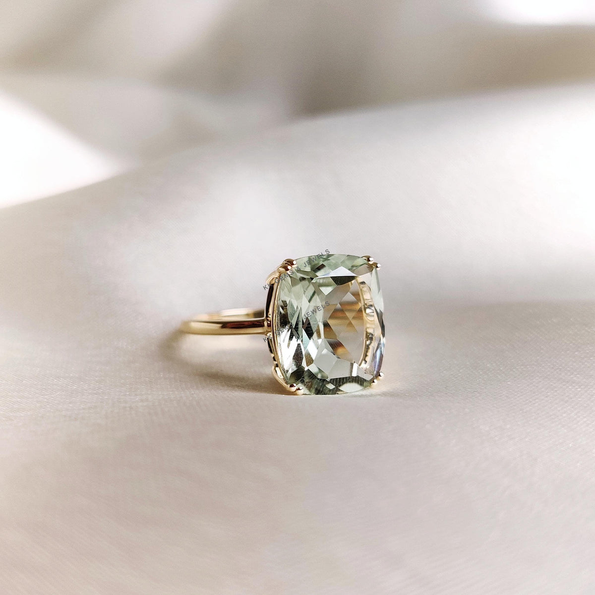 Natural Green Amethyst Ring, 14K Solid Yellow Gold, Cushion Cut, February Birthstone, Anniversary Gift