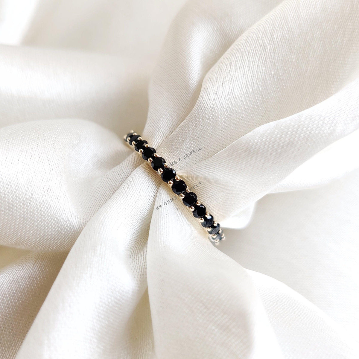 Natural Black Spinel Eternity Ring, 14K Solid Yellow Gold Infinity Band