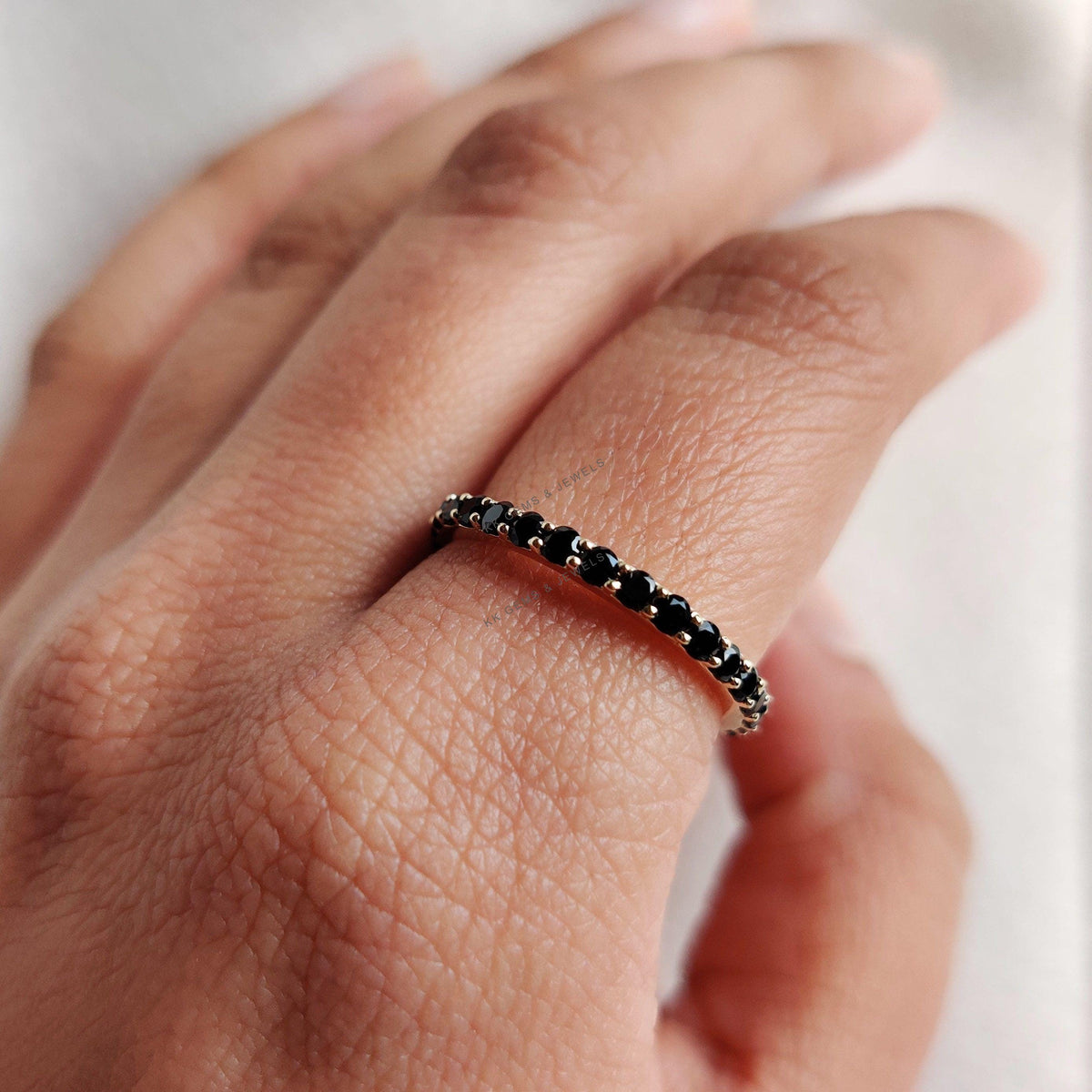 Natural Black Spinel Eternity Ring, 14K Solid Yellow Gold Infinity Band