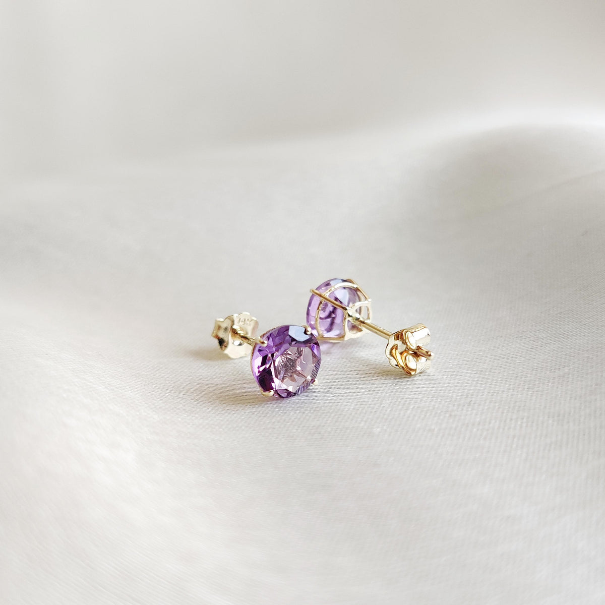 14K Solid Yellow Gold Natural Purple Amethyst Stud Earrings, February Birthstone
