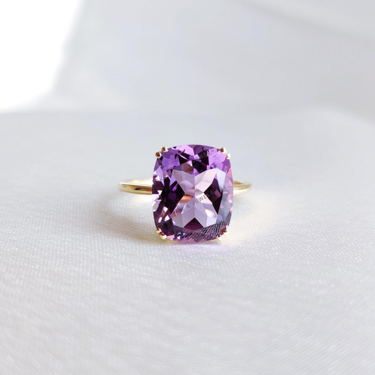 14K Solid Yellow Gold Natural Purple Amethyst Ring, Cushion Cut, February Birthstone