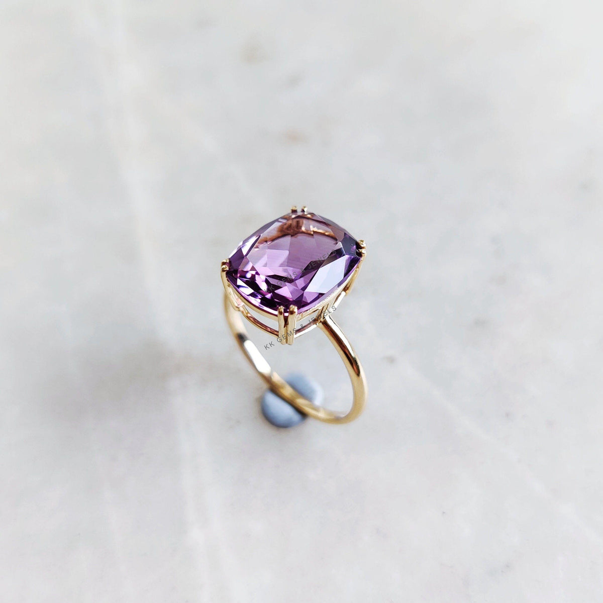 14K Solid Yellow Gold Natural Purple Amethyst Ring, Cushion Cut, February Birthstone