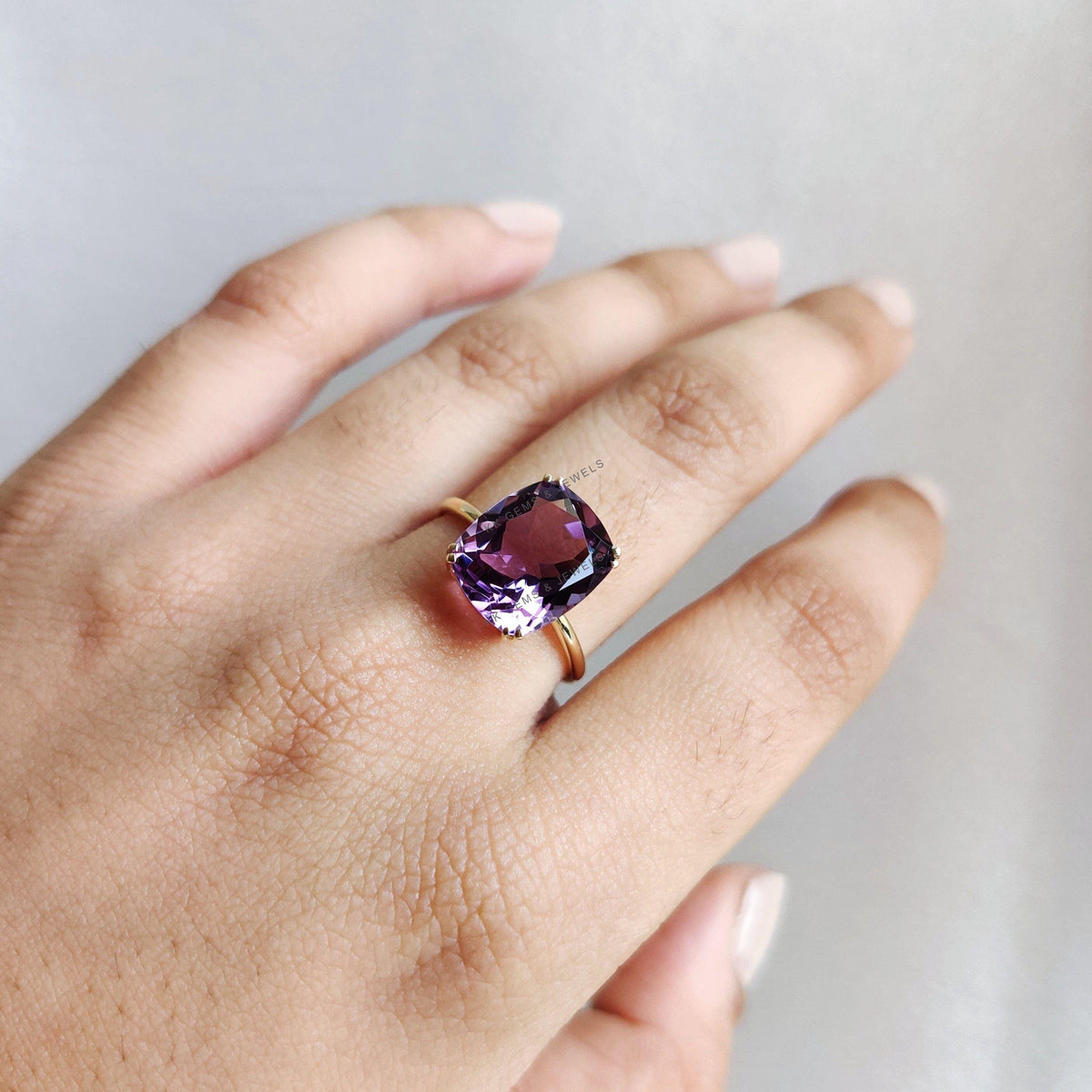 14K Solid Yellow Gold Natural Purple Amethyst Ring, Cushion Cut, February Birthstone