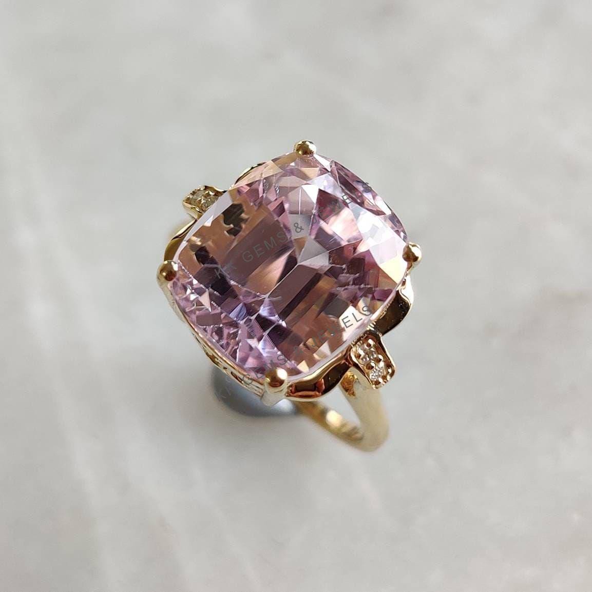 Natural Kunzite & Diamond Ring, 14K Solid Yellow Gold, February Birthstone