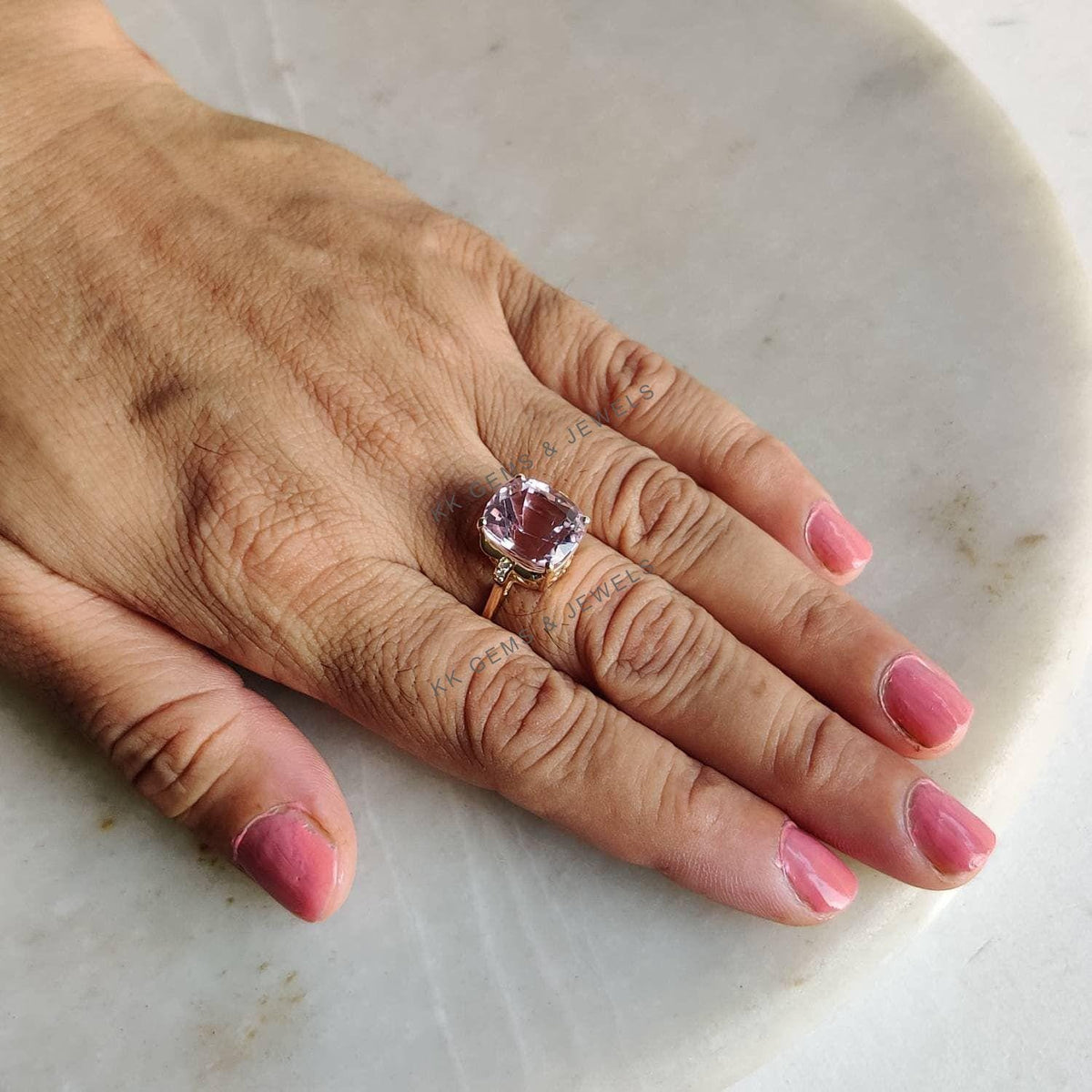 Natural Kunzite & Diamond Ring, 14K Solid Yellow Gold, February Birthstone