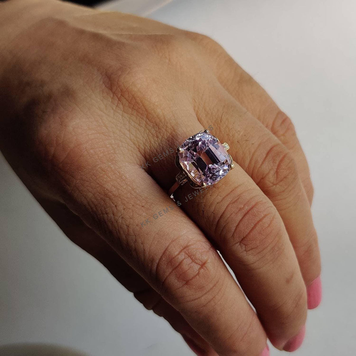 Natural Kunzite & Diamond Ring, 14K Solid Yellow Gold, February Birthstone