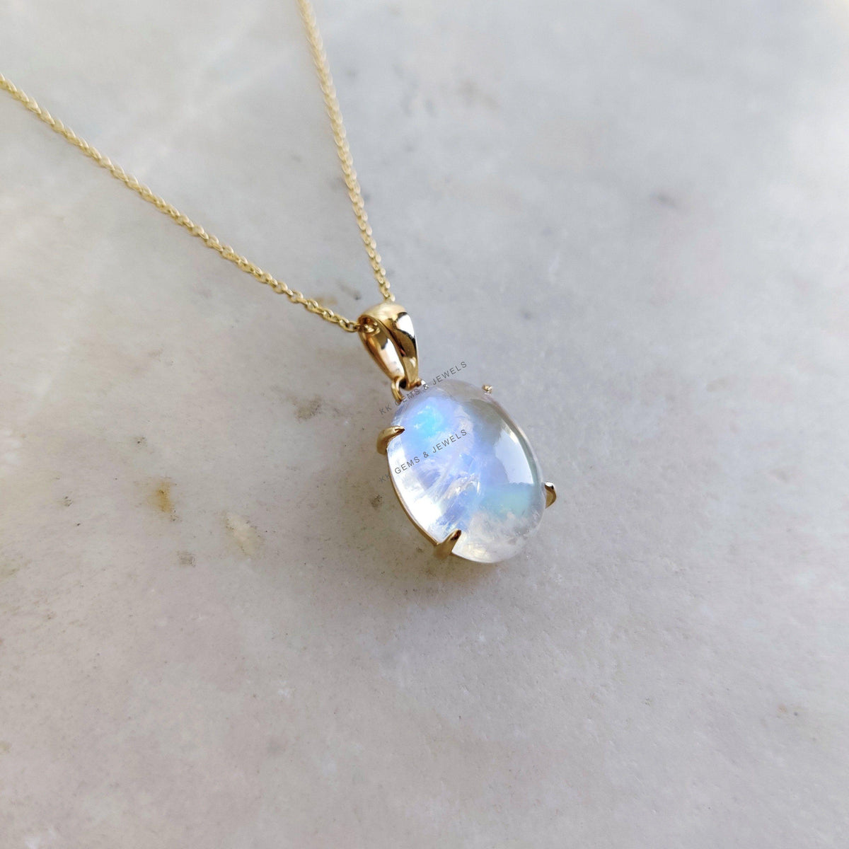 Natural Rainbow Moonstone Pendant, 14K Solid Yellow Gold, June Birthstone