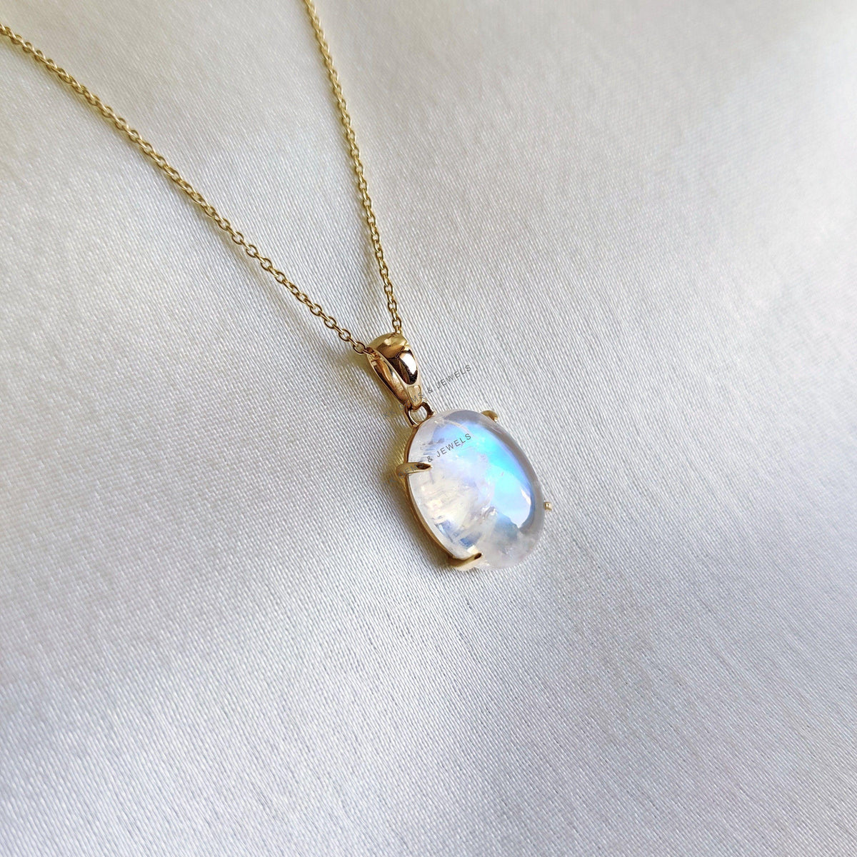 Natural Rainbow Moonstone Pendant, 14K Solid Yellow Gold, June Birthstone