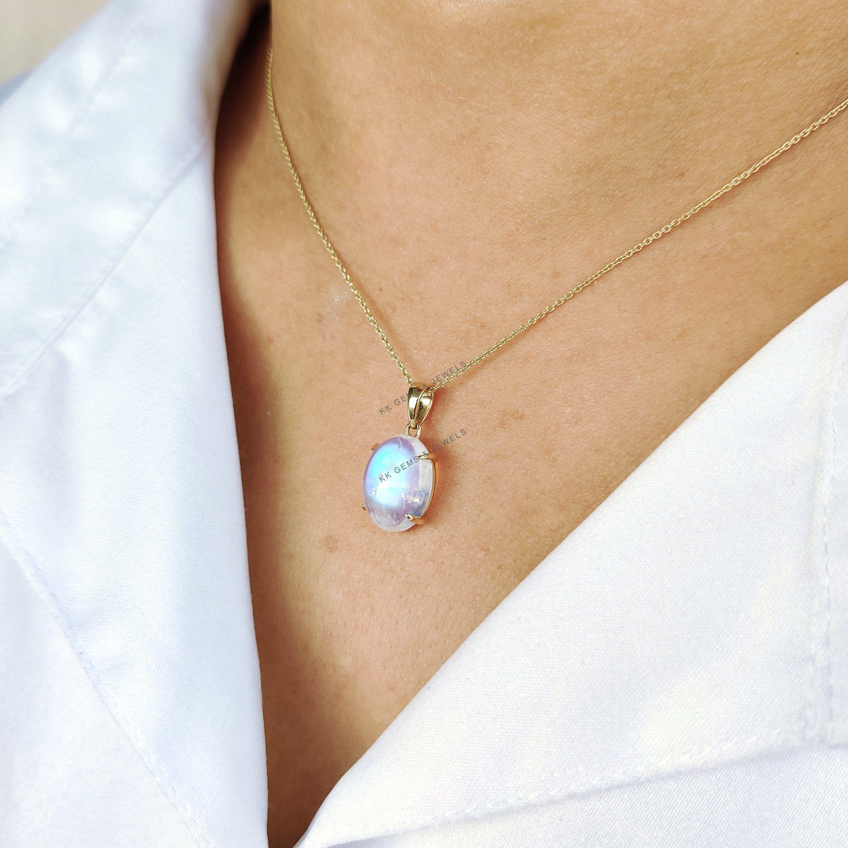 Natural Rainbow Moonstone Pendant, 14K Solid Yellow Gold, June Birthstone