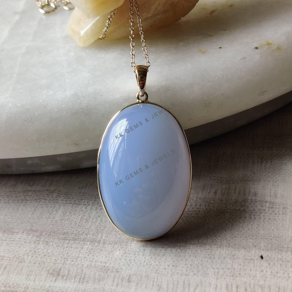 14K Solid Yellow Gold Natural Blue Chalcedony Pendant, Oval Gemstone Jewelry